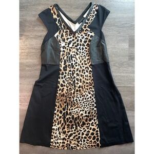 Lane Bryant Leopard Print Black Faux Leather Panel V Neck Dress Size 18